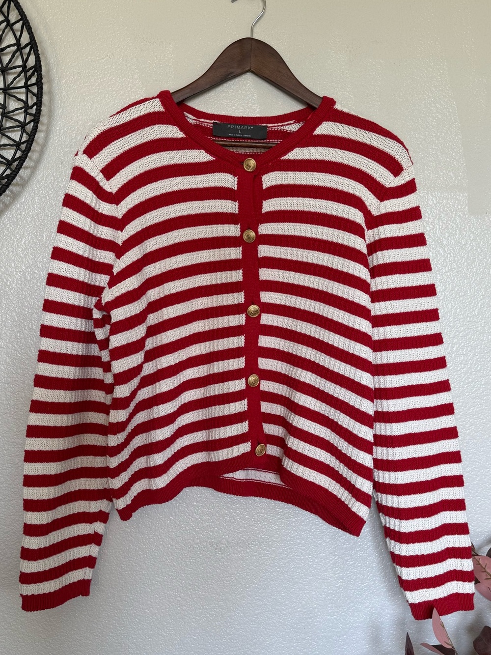 ⭐️ Red and White Striped Button-Up Cardigan with Gold Buttons